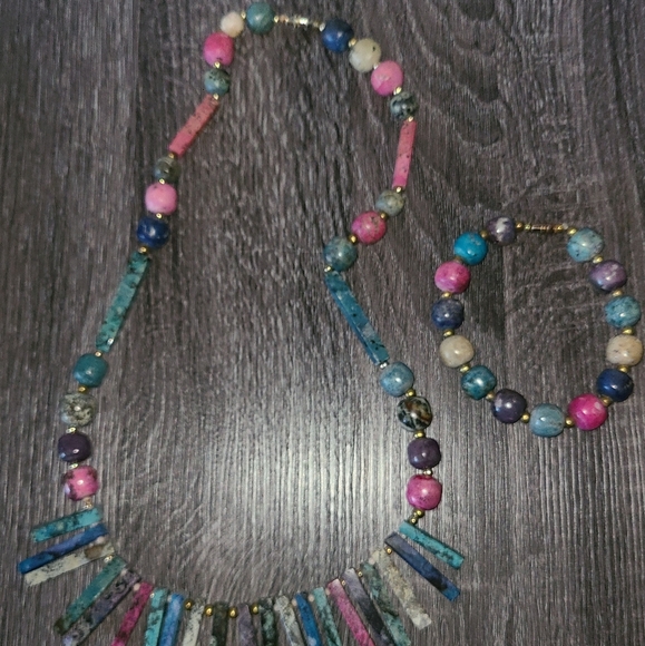 VINTAGE 2 PC SET HOWLITE STONES LONG TRIBAL NECKLACE & BRACELET COSTUME HANDMADE - Picture 5 of 10